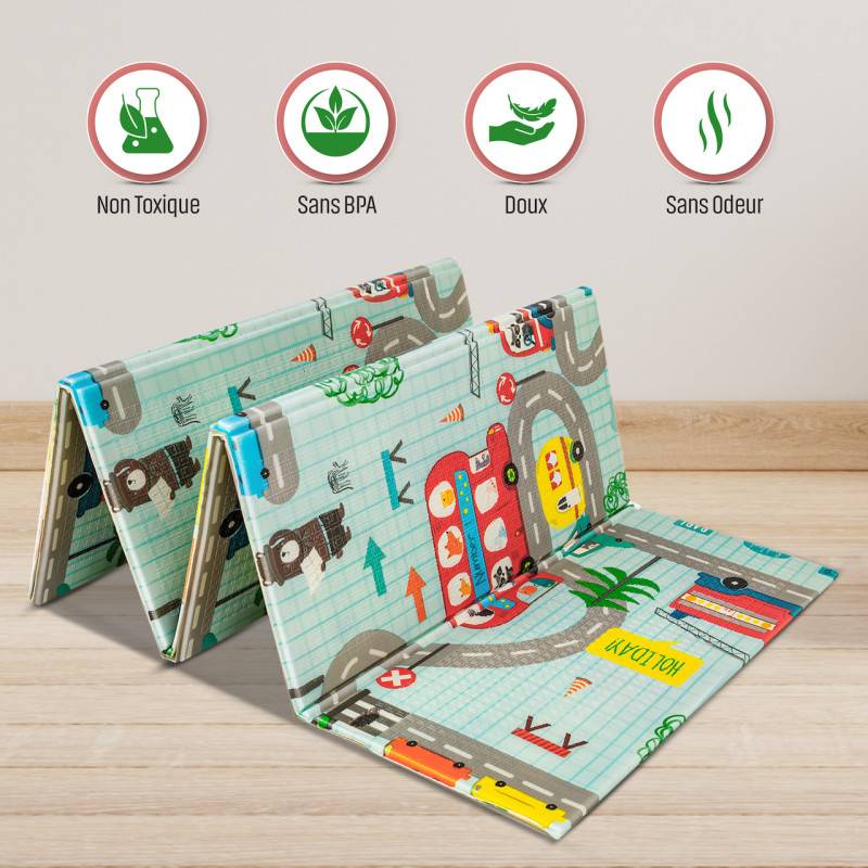 Tapis De Jeu Bébé Enfant Pliable 150x200 Cm – Réversible Motif Animaux Multicolore, Lavable