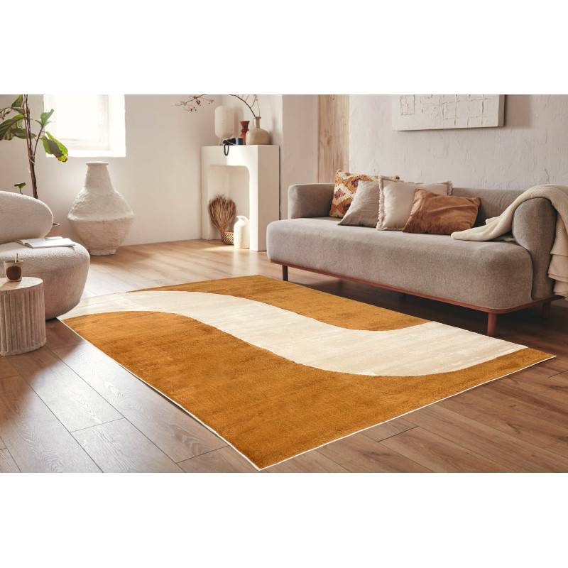 Tapis de salon à poils ras motif vague ocre 80 X 150 cm