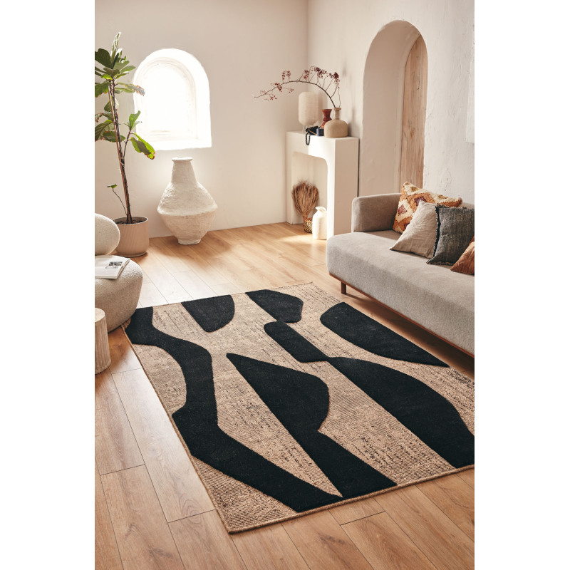 Tapis doux aspect jute motif abstrait noir 80 X 150 cm