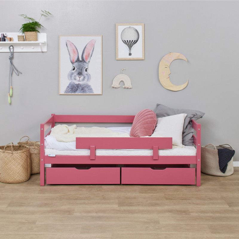 Lit junior ECO Comfort 70x160 avec tiroirs et barrière de sécurité, Rose Baroque