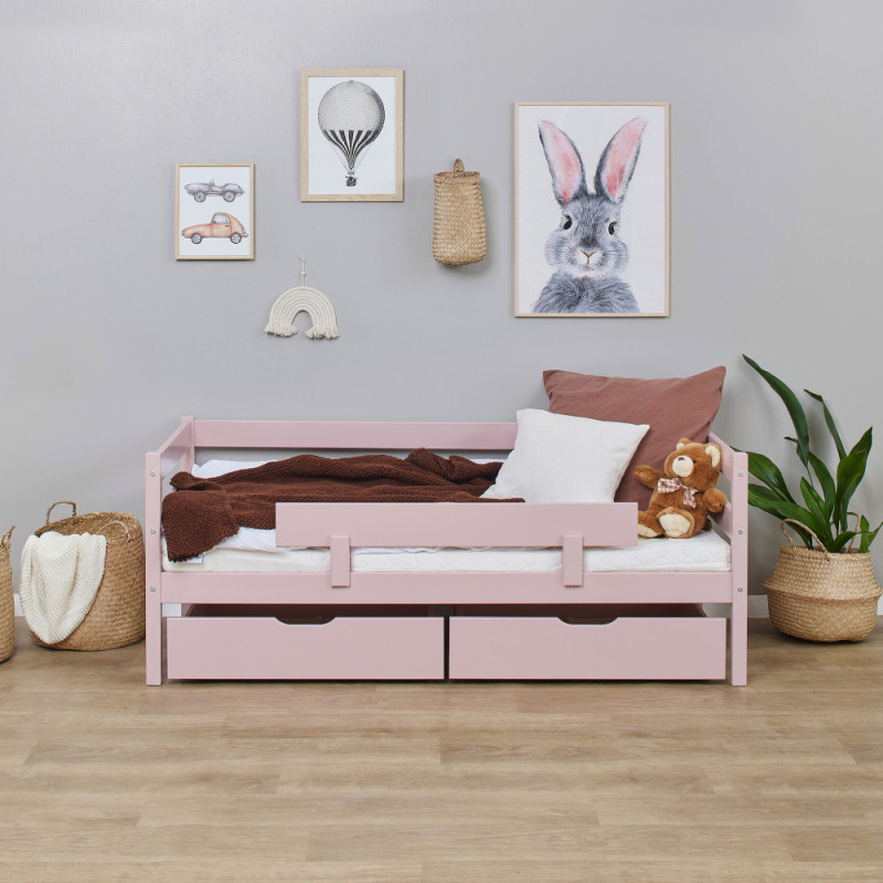 Lit junior ECO Comfort 70x160 avec tiroirs et barrière de sécurité, Rose pâle