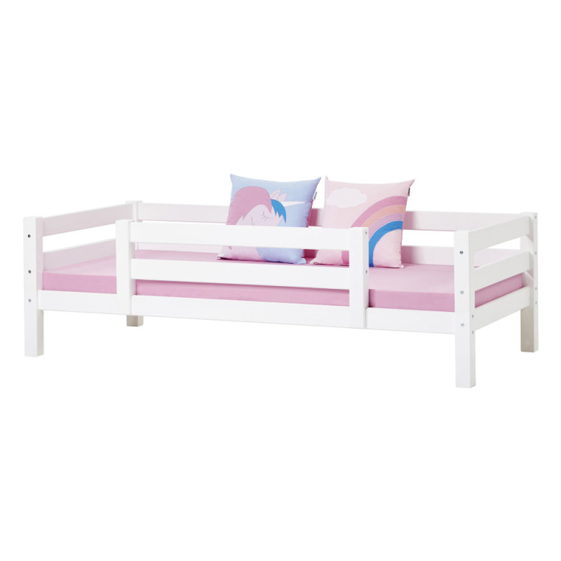 Lit junior écologique de luxe Hoppekids 90x200cm avec 1/2 barrière de lit, cadre à lattes flexible, blanc