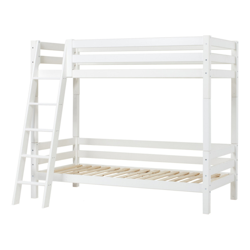 Lit superposé de luxe ECO Hoppekids avec barrière de lit 90x200cm, échelle inclinée, cadre à lattes flexible, blanc
