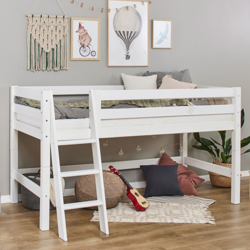 Lit mi-hauteur ECO Luxe 90x200cm avec échelle inclinée, Blanc