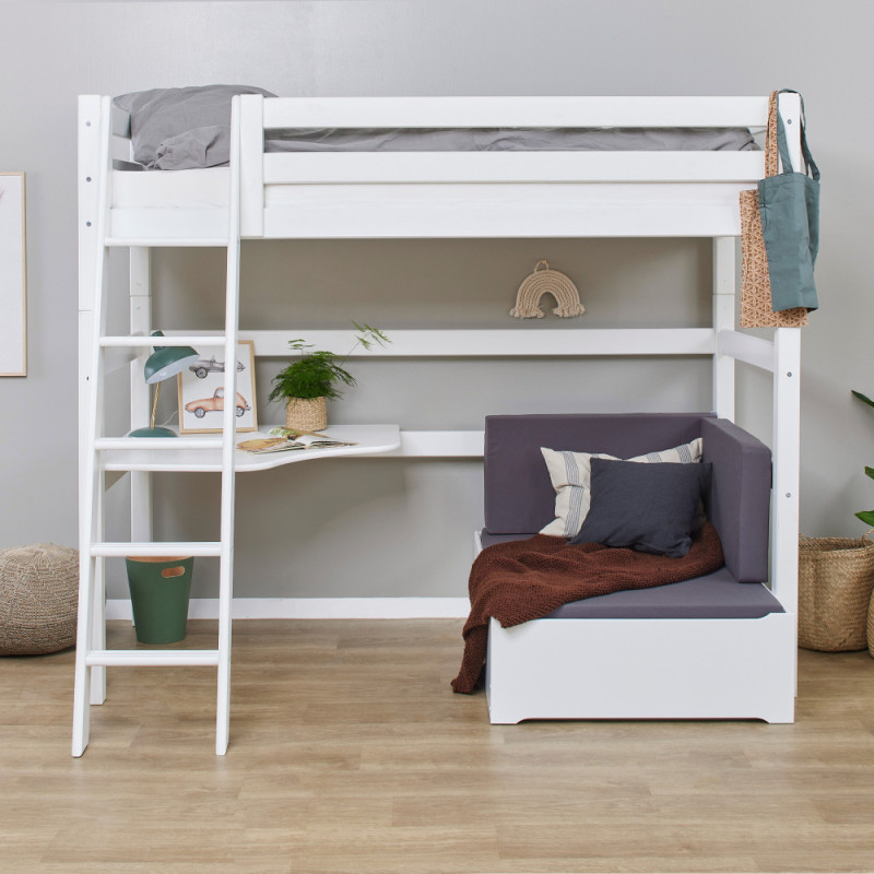 Lit MEGA de luxe ECO Hoppekids 90x200cm avec échelle inclinée, module de détente et bureau, Blanc