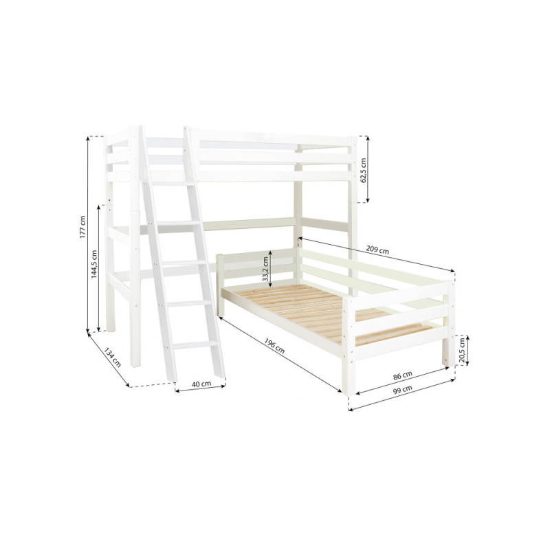 Lit superposé ECO Luxe Hoppekids Angle 90x200cm avec échelle inclinée, Blanc