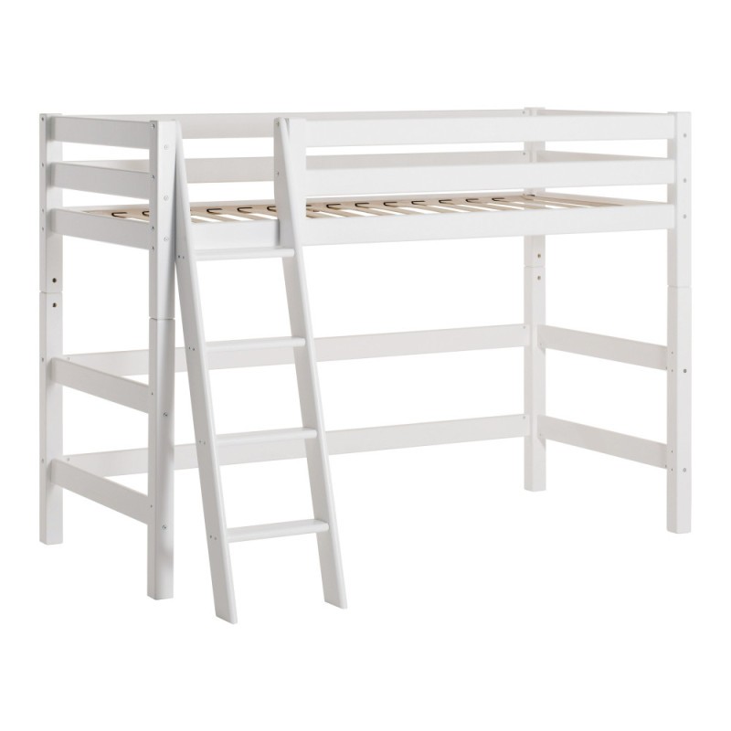Lit mi-hauteur ECO Luxury Hoppekids 90x200 cm avec cadre à lattes flexible et échelle inclinée, blanc