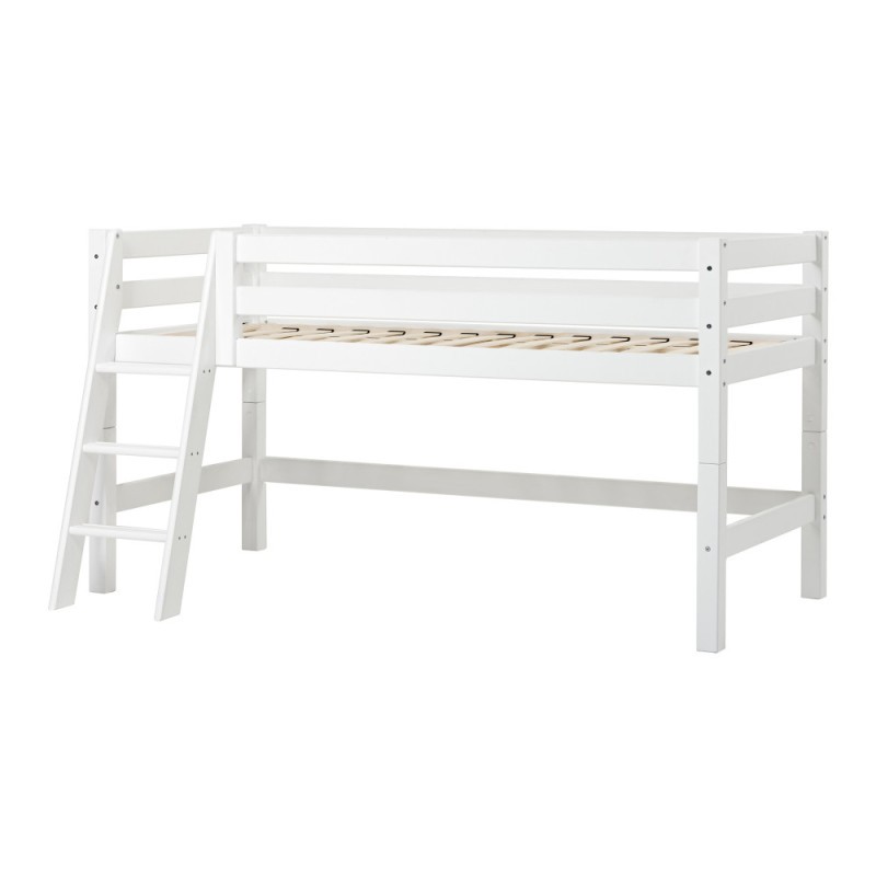 Lit mi-hauteur ECO Luxury 90x200 cm avec échelle inclinée et cadre à lattes flexible, Blanc