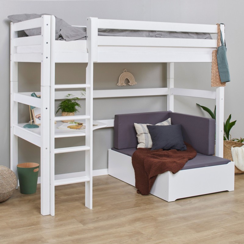 Lit de luxe écologique Hoppekids MEGA 90x200 cm avec module de salon et bureau, blanc