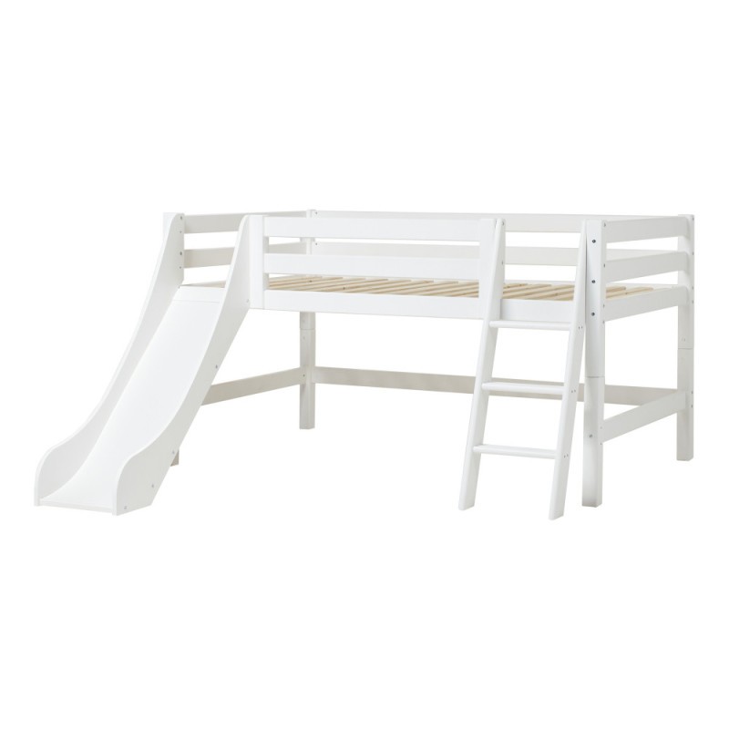 Lit haut ECO Luxury demi-hauteur 90x200 cm avec toboggan et échelle inclinée, Blanc