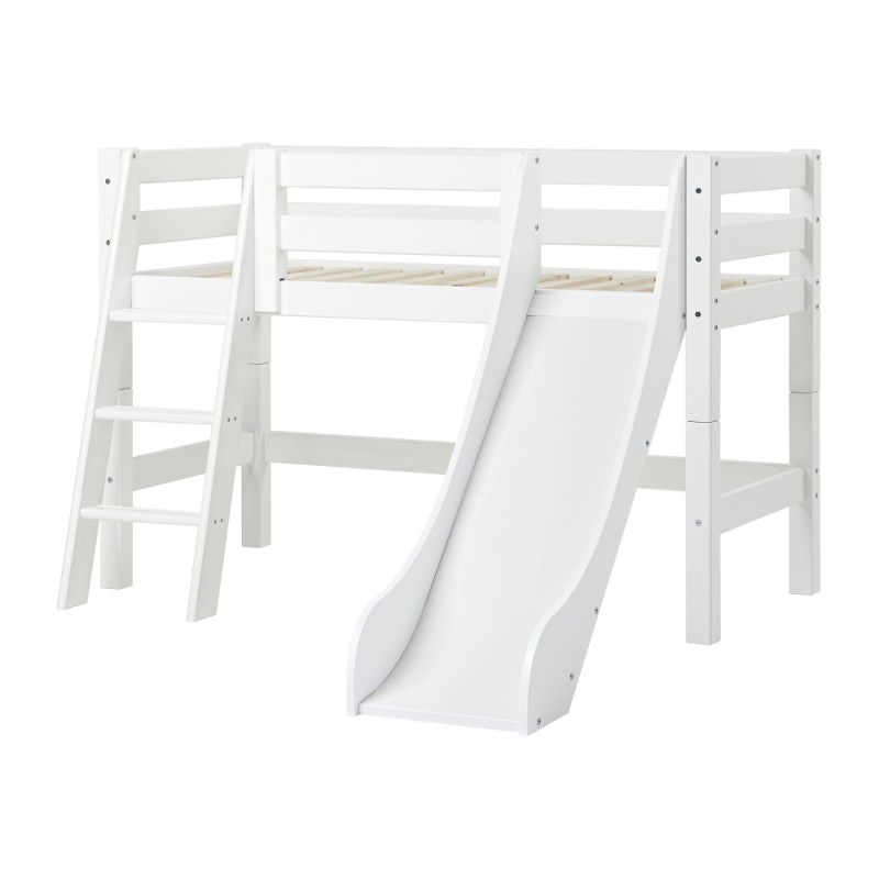 Lit mi-hauteur ECO Luxury 70x160 cm avec toboggan et échelle inclinée, Blanc