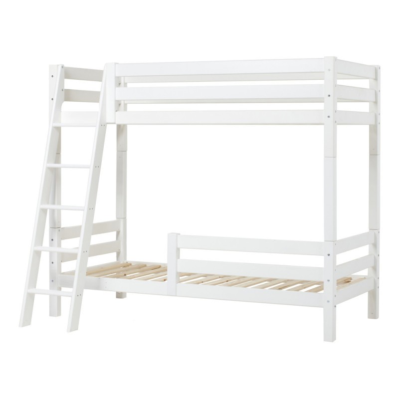 Lit superposé écologique Hoppekids 90x200 cm, luxe, 2 barrières, échelle inclinée, cadre à lattes flexible, blanc