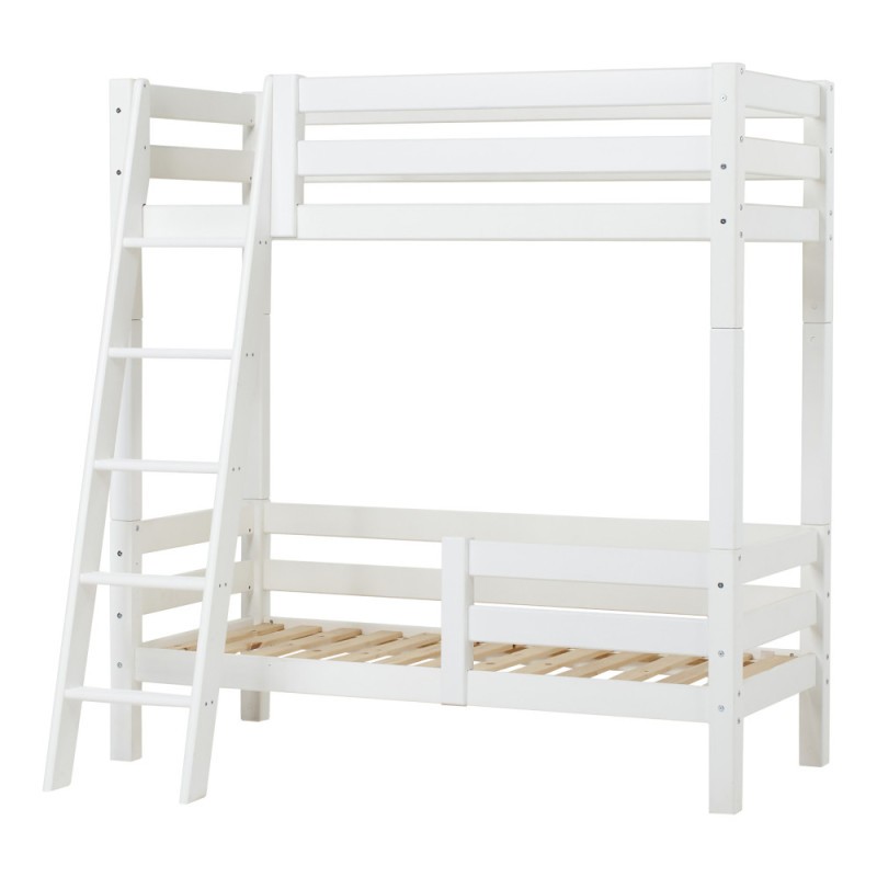 Lit superposé ECO luxe 70x160 cm, panneau arrière, barrière lit inférieur, échelle inclinée, blanc, pour enfants