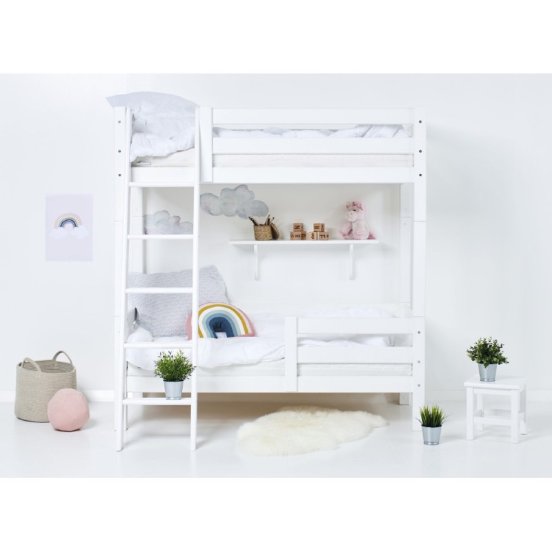 Lit superposé ECO luxe 70x160 cm, panneau arrière, barrière lit inférieur, échelle inclinée, blanc, pour enfants