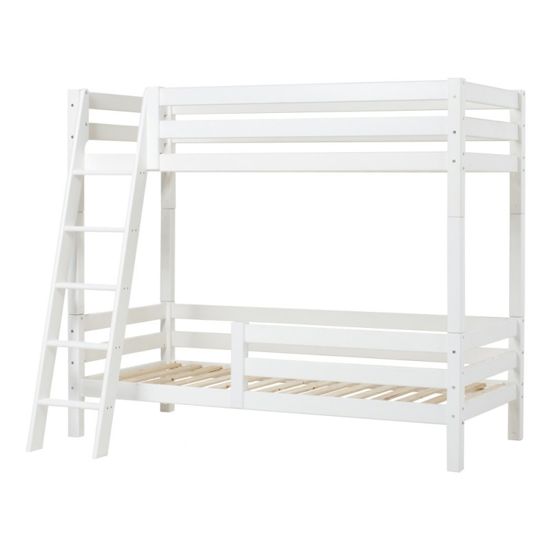 Lit superposé Hoppekids ECO luxe 90x200 cm, cadre à lattes flexible, échelle inclinée, barrière arrière, rail de lit 1/2, blanc