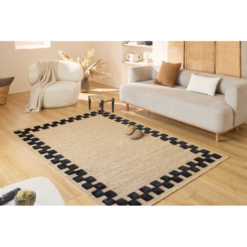 Tapis aspect jute - Palma - Motif damier - noir 160 X 230 cm