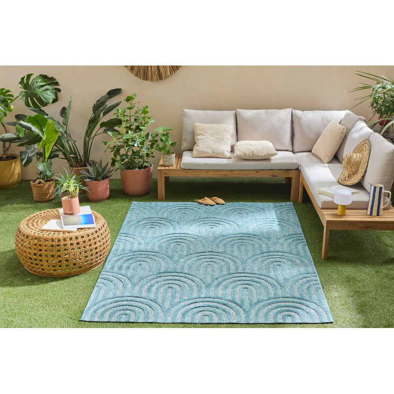 Tapis d'intérieur et extérieur motifs arcs Santorini bleu turquoise 200 X 290 cm