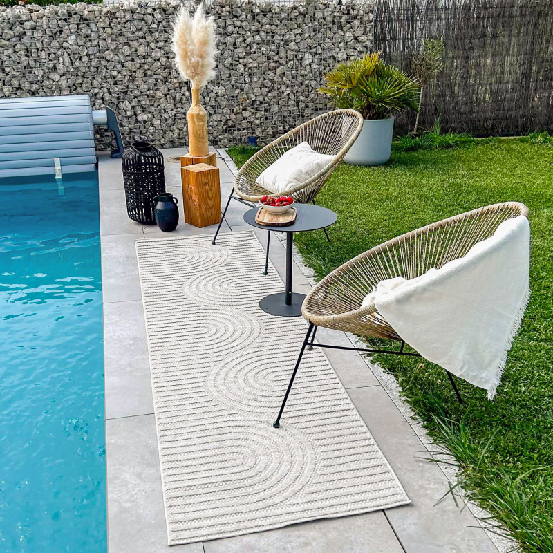 Tapis d'intérieur et extérieur motifs arcs symétriques Santorini blanc 80 X 300 cm