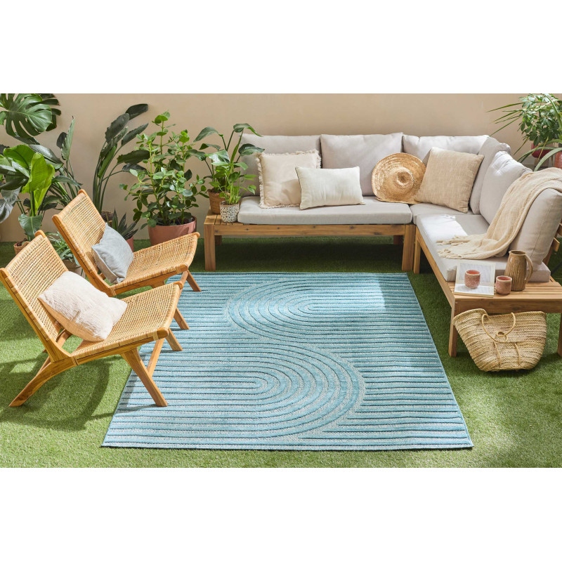 Tapis d'intérieur et extérieur motifs arcs symétriques Santorini bleu turquoise 120 X 160 cm