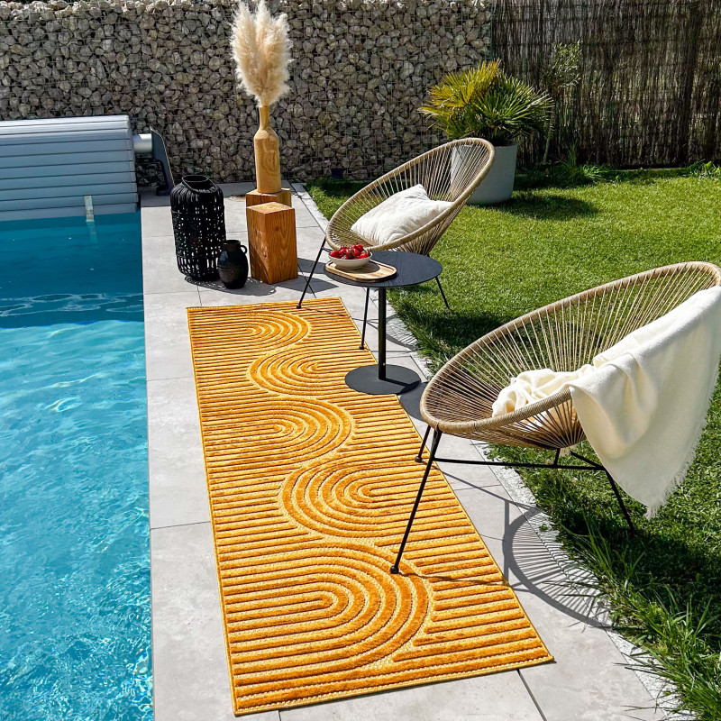 Tapis d'intérieur et extérieur motifs arcs symétriques Santorini jaune 80 X 300 cm