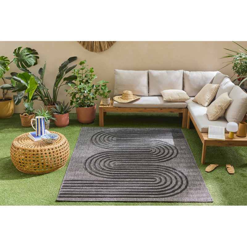 Tapis intérieur et extérieur motifs de vagues Santorini noir 80 X 300 cm