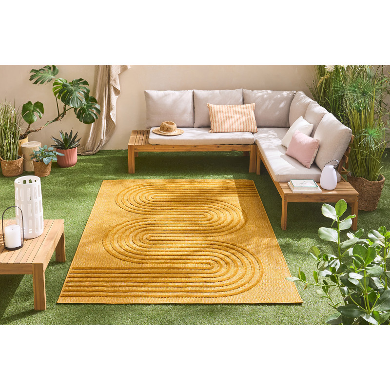 Tapis intérieur et extérieur motifs de vagues Santorini jaune 120 X 160 cm