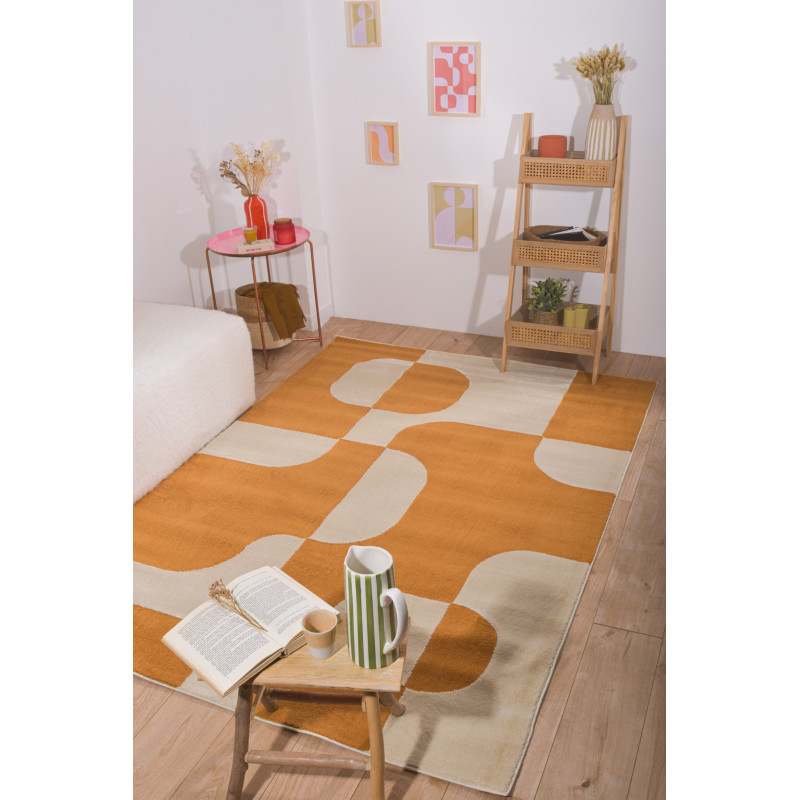 Tapis de salon à poils ras motif graphique ocre 160 X 230 cm