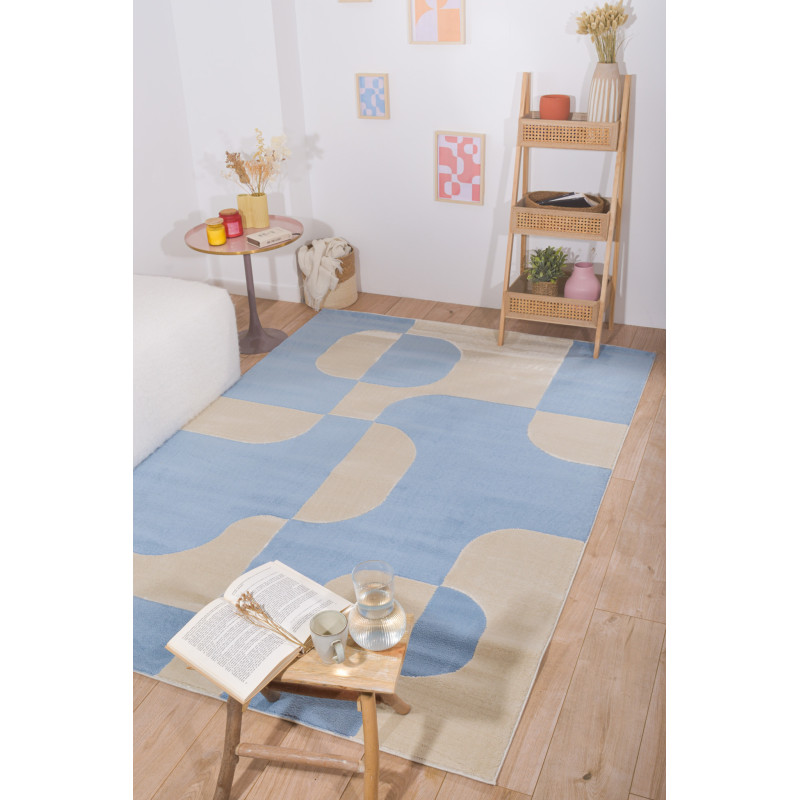 Tapis de salon à poils ras motif graphique bleu 120 X 160 cm