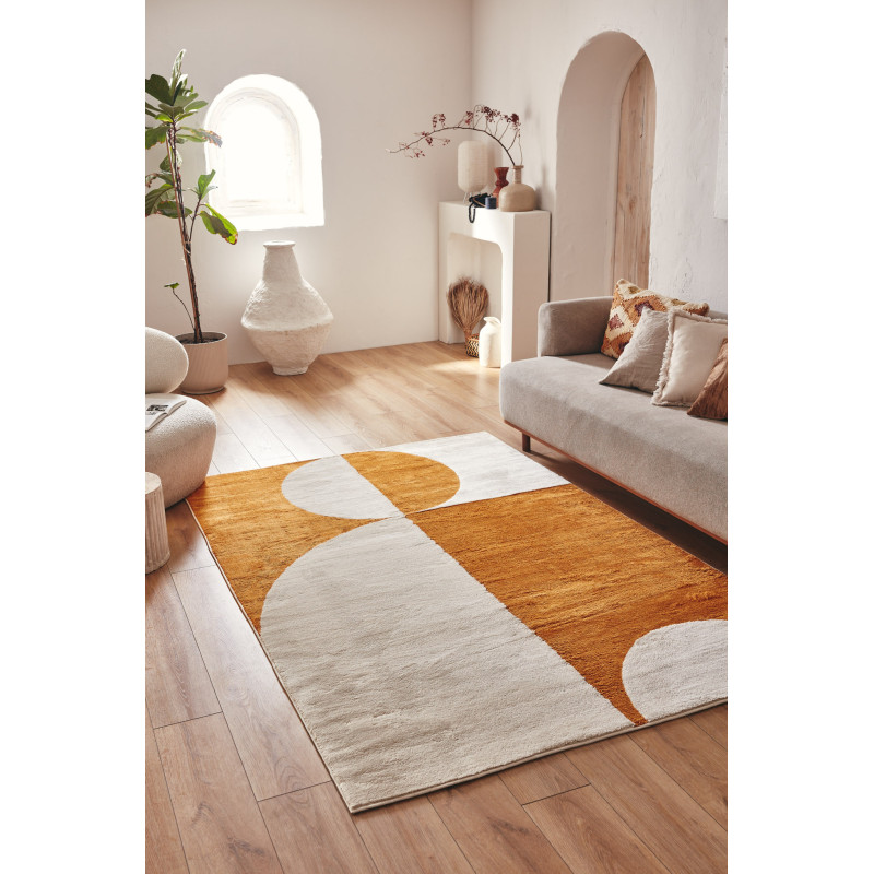 Tapis de salon à poils ras motif géométrique ocre 160 X 230 cm