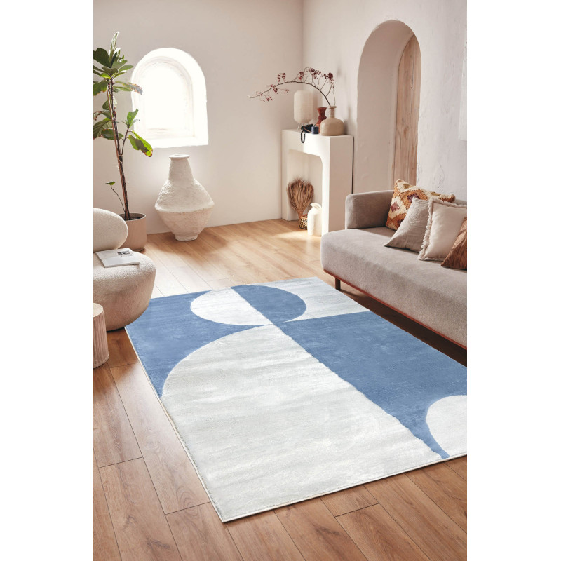 Tapis de salon à poils ras motif géométrique bleu 120 X 160 cm
