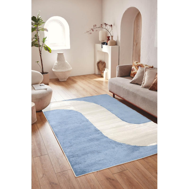 Tapis de salon à poils ras motif vague bleu 120 X 160 cm